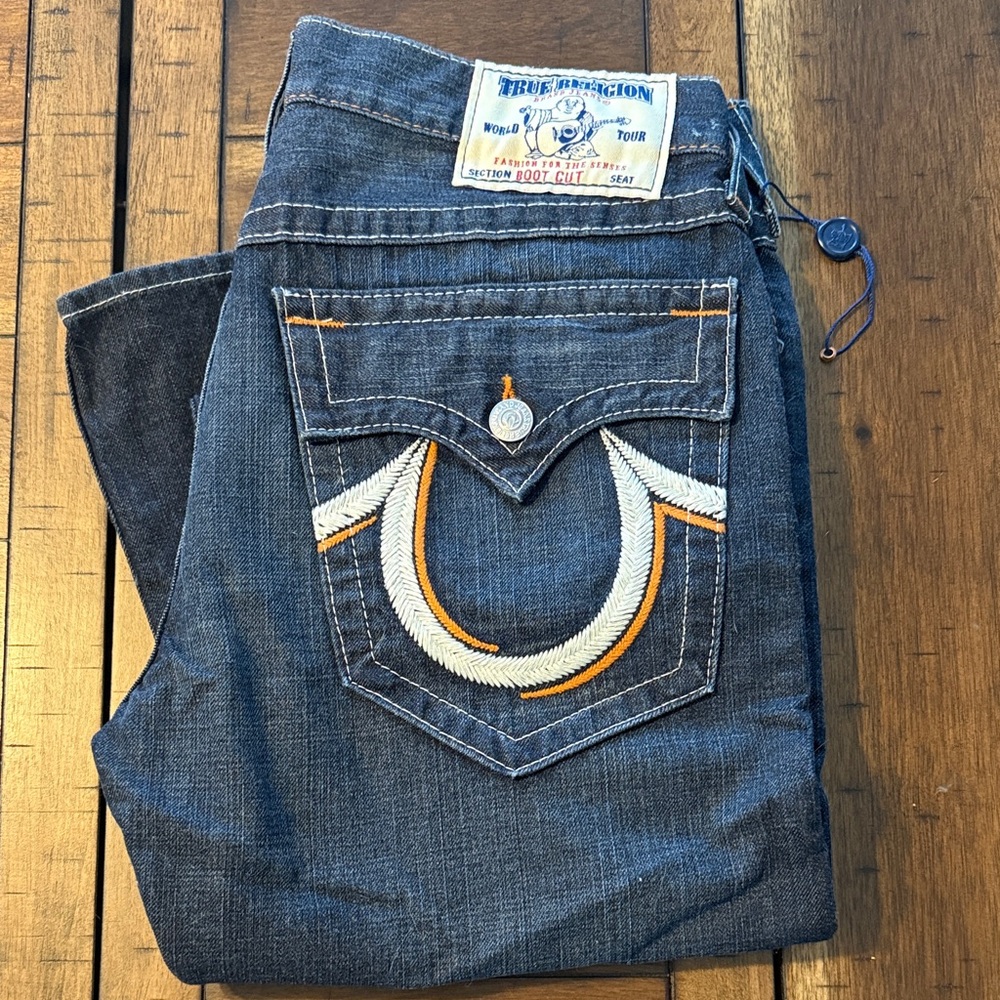 True Religion Men's Indigo Bootcut Jeans with Orange Stitching